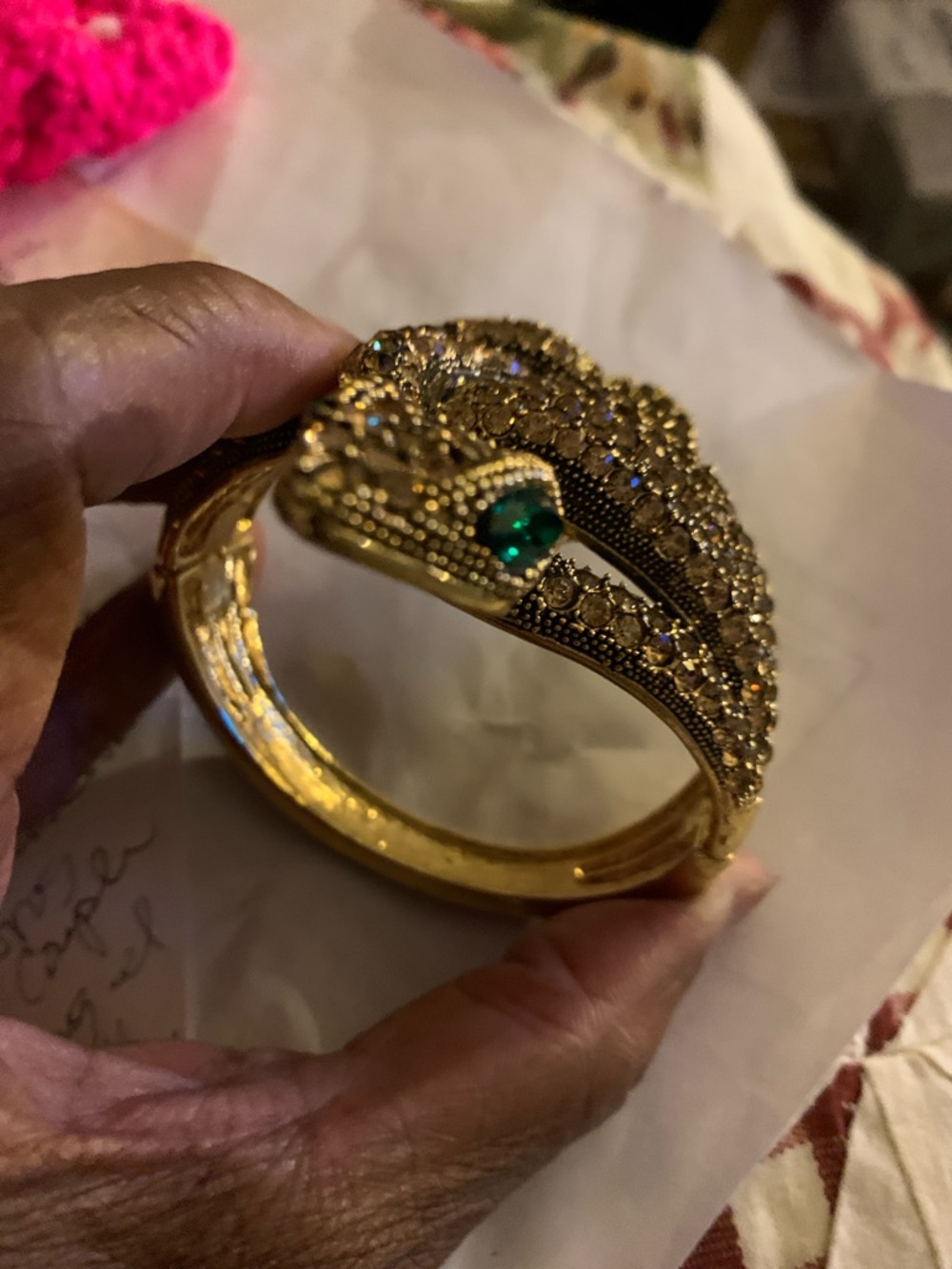 Rhinestone Snake Brooch with Green Emerald Eyes - Gold Tone - Picture 7 of 7